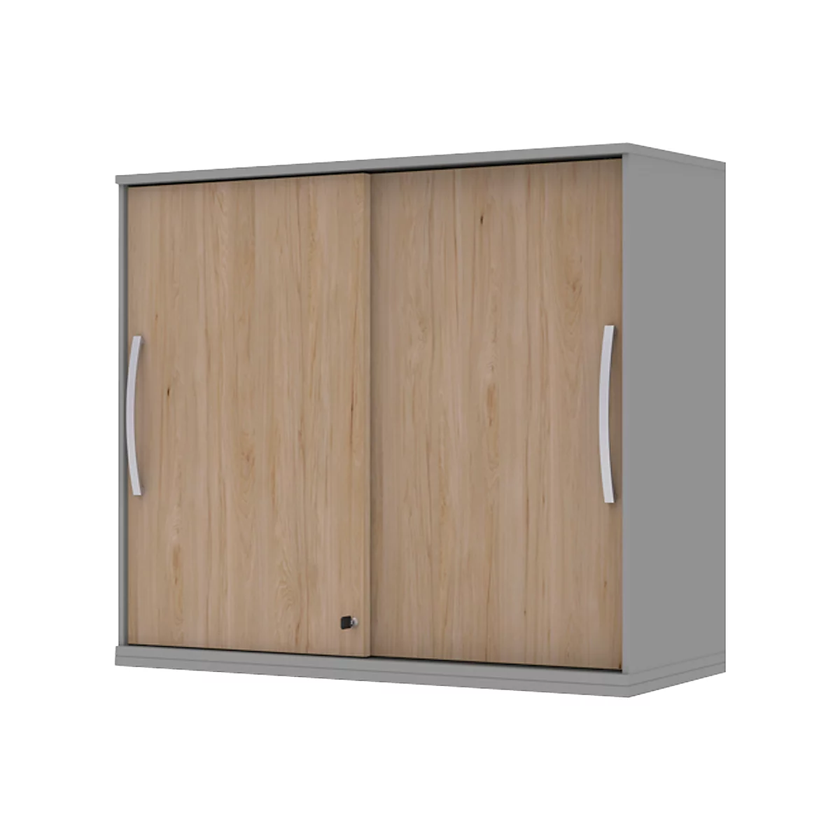 Gray cabinet with wood-look sliding doors and curved handles.