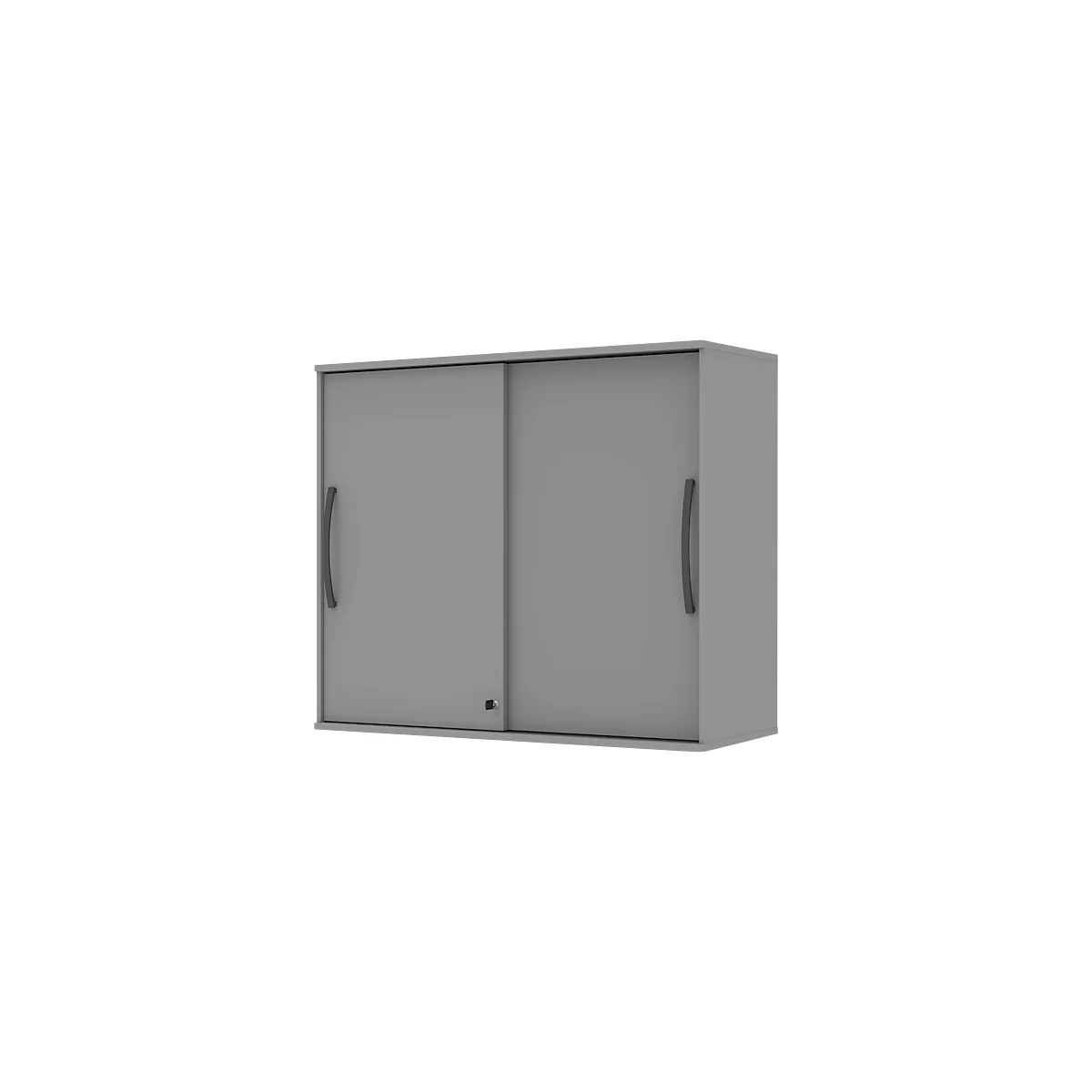 Gray wall cabinet with sliding doors and black handles.