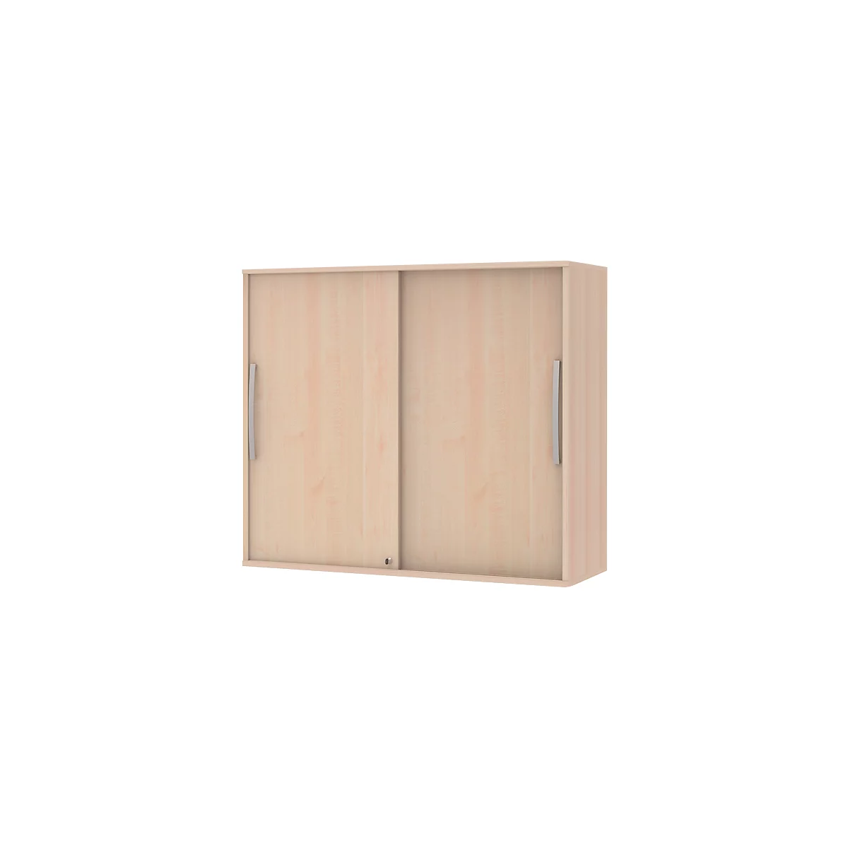 Wall cabinet with two sliding doors, wood look, silver handles.