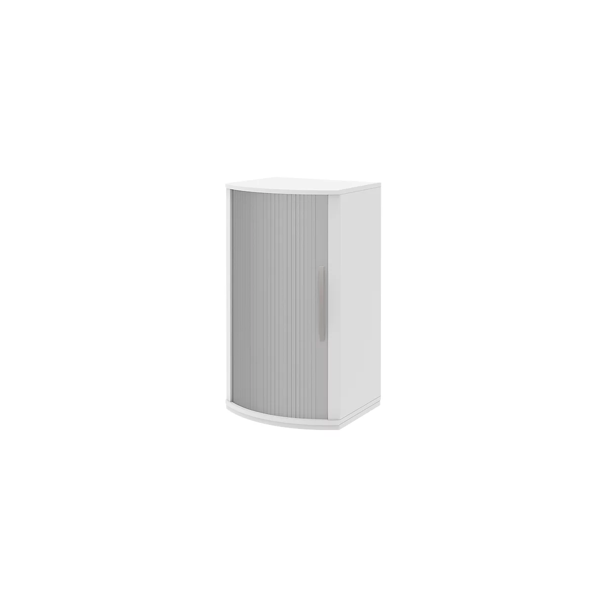 White corner cabinet with slatted front and handle.