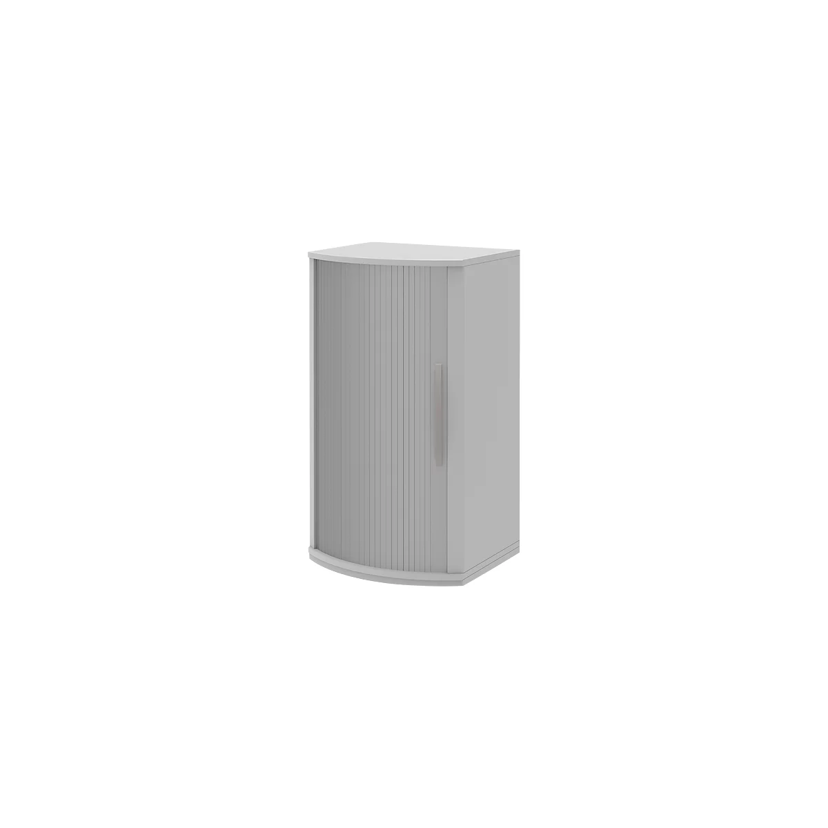 Gray corner cabinet with roll front and handle. The cabinet stands against a light background.