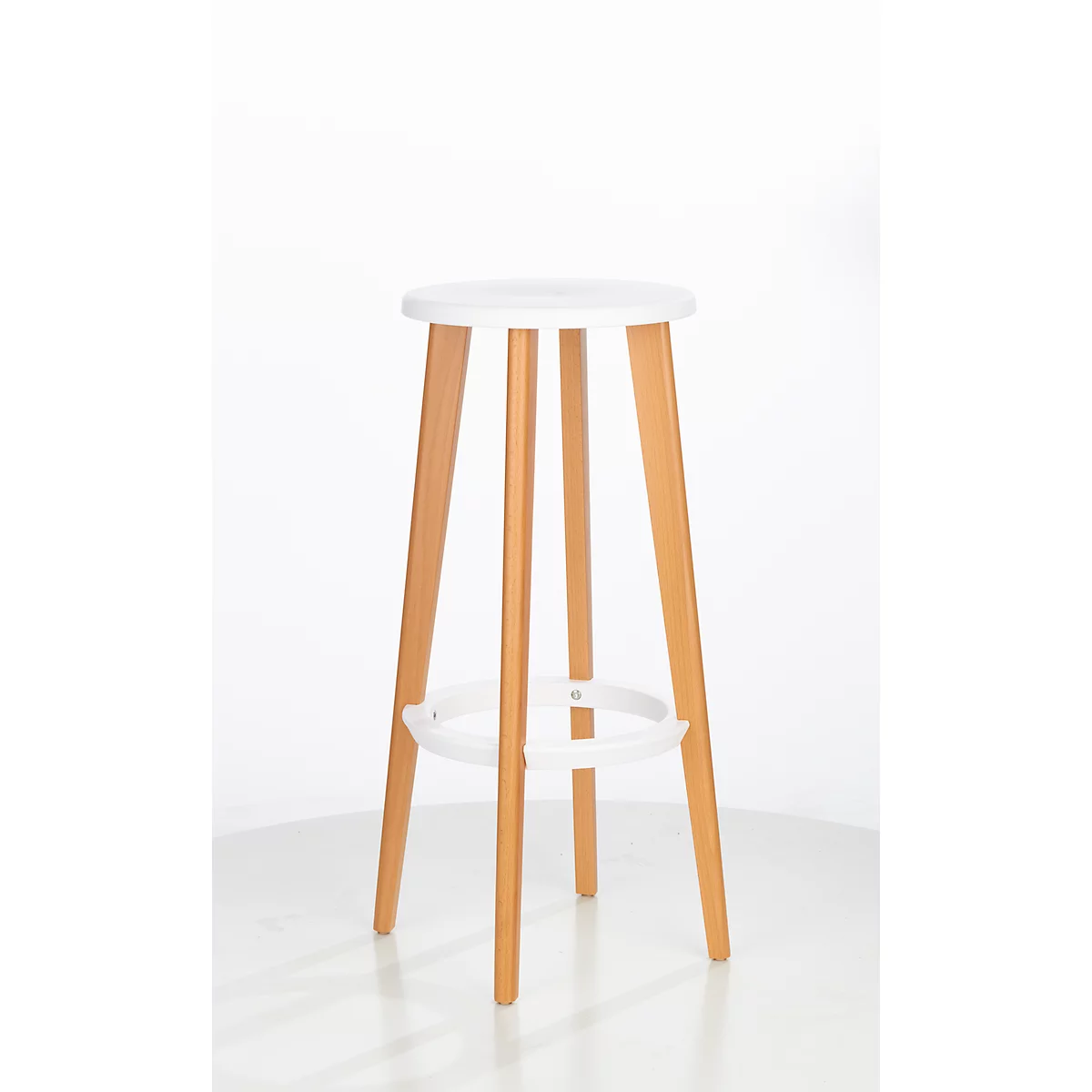 Barkruk WOODY, ABS-kunststof, met voetenring, massief houten poten, zithoogte 760 mm, 2 stuks, wit