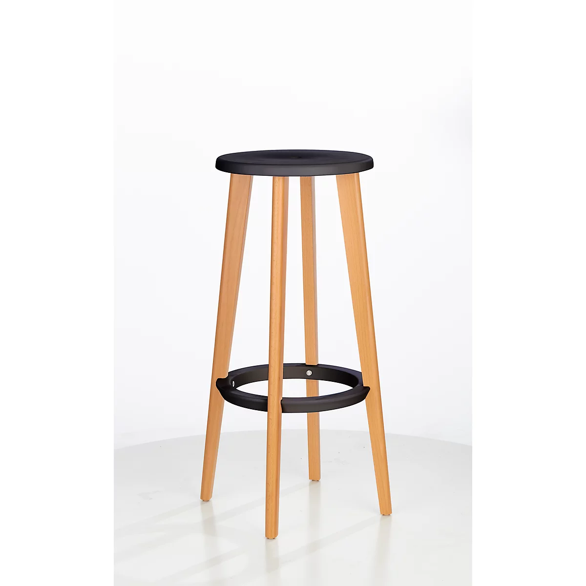 Barkruk WOODY, ABS-kunststof, met voetenring, massief houten poten, zithoogte 760 mm, 2 stuks, zwart