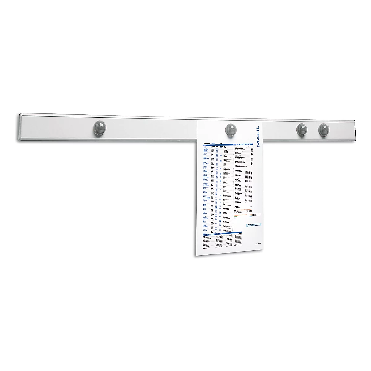 Barra magnética de pared MAUL, incl. 4 imanes esféricos, L 1000 x A 53 mm, metal y plástico, aluminio plata