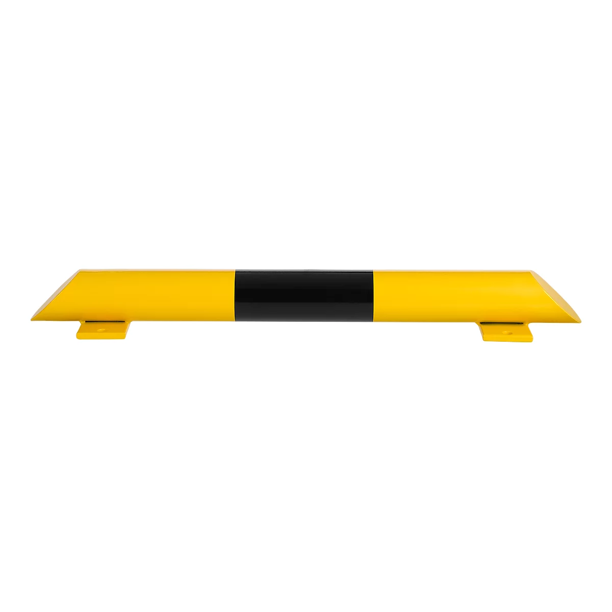 Bolardo amarillo con una franja negra en el medio. Dos pies en la parte inferior para fijarlo.