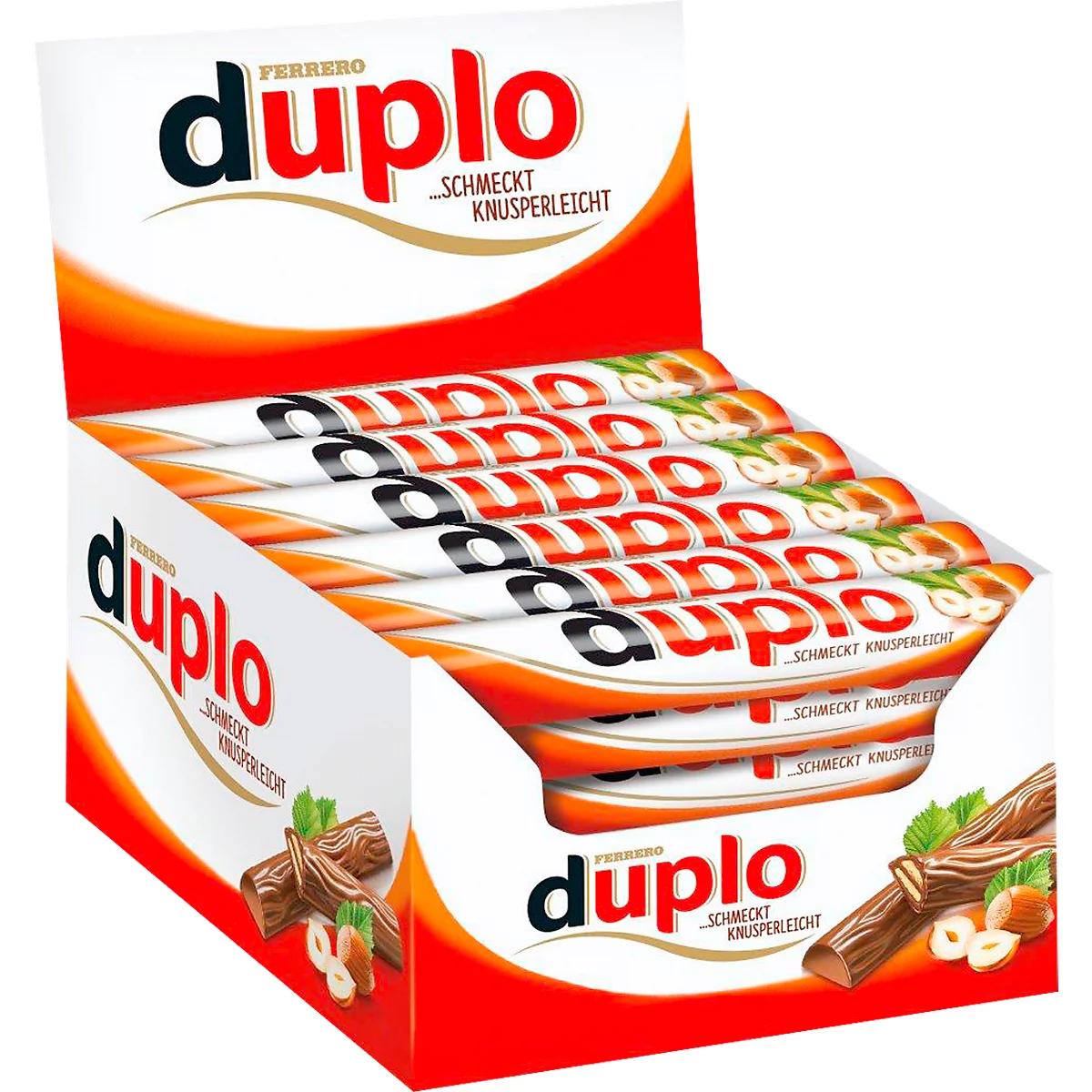 Une boîte de présentation de barres chocolatées Ferrero duplo, sur fond blanc.