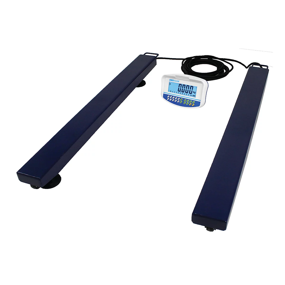Balance industrielle bleue avec affichage numérique indiquant 0,000. Deux longues plateformes rectangulaires avec câble et affichage numérique.