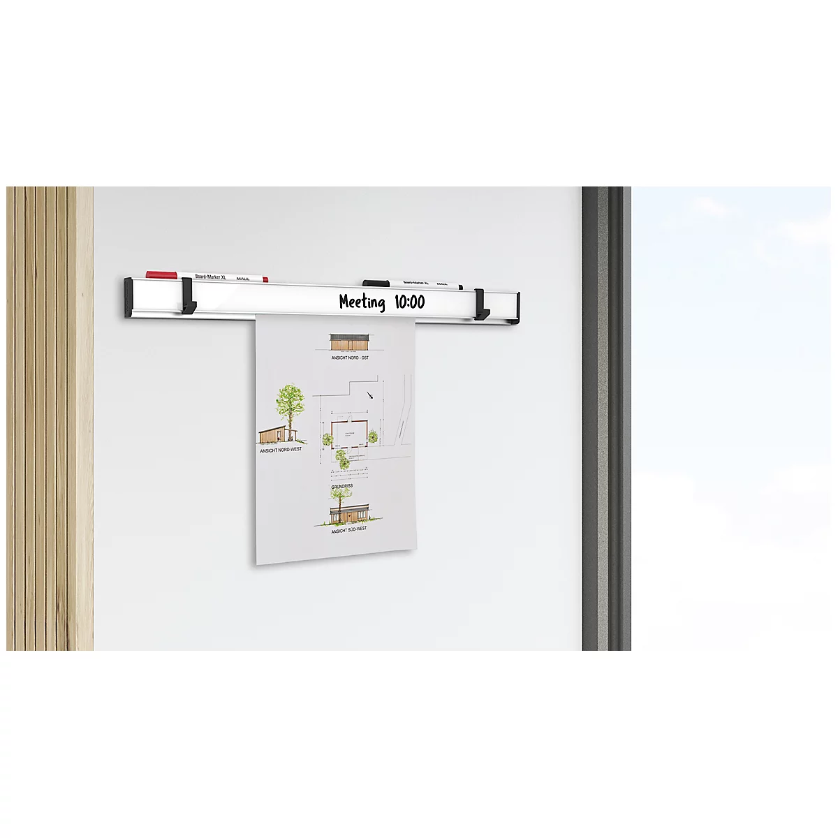 Barre de serrage multifonctionnelle MAULpro, y compris 2 crochets multifonctionnels, pour blocs de flipchart à partir de 11 mm de perforation, L 42 x P 15 x L 500 mm, aluminium