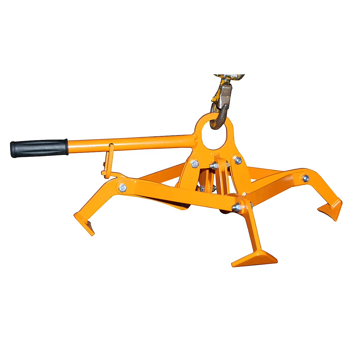 Orange precision lifting grab, with black handle, suspended from a hook.