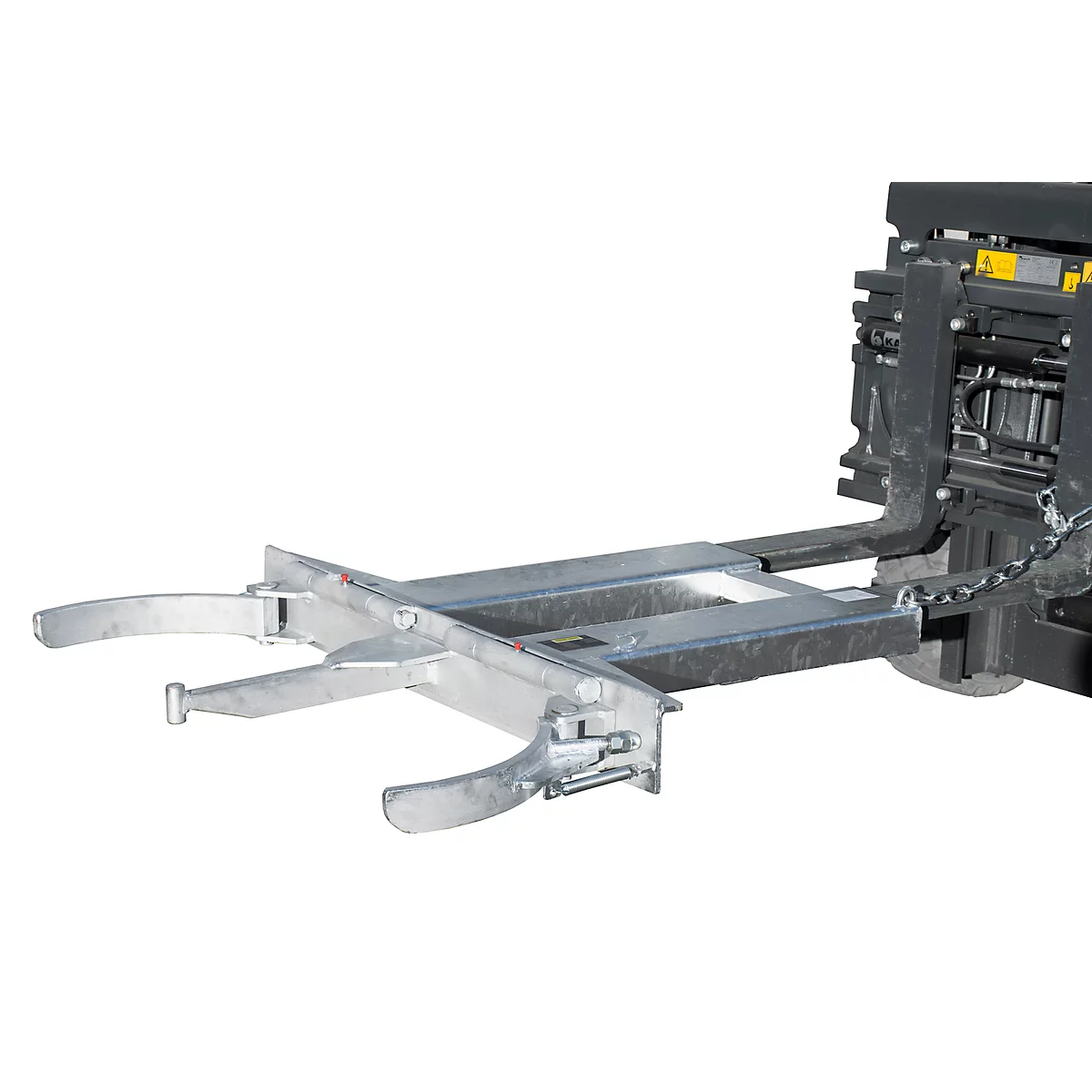 Silver forklift attachment with gripping arms. On white background.
