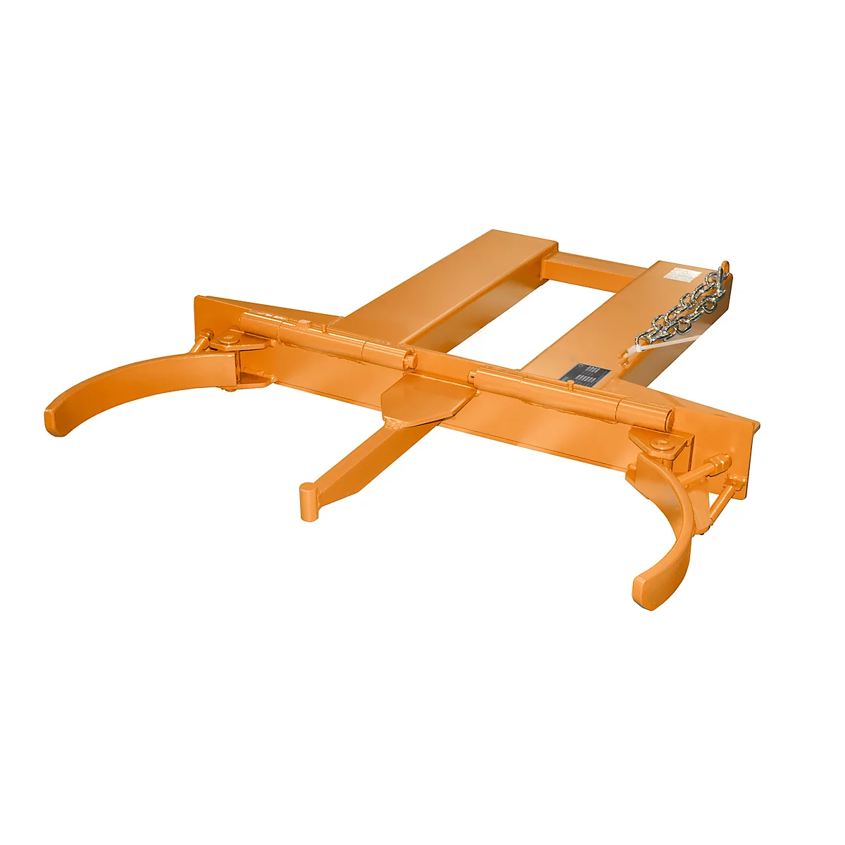Orange forklift clamp, specially designed for lifting barrels. Two curved arms that open and close to grip the barrel.