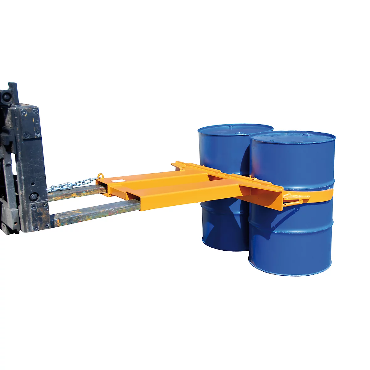 Forklift with barrel clamp holding two blue barrels. The barrel clamp is orange and the barrels are secured with a yellow strap.