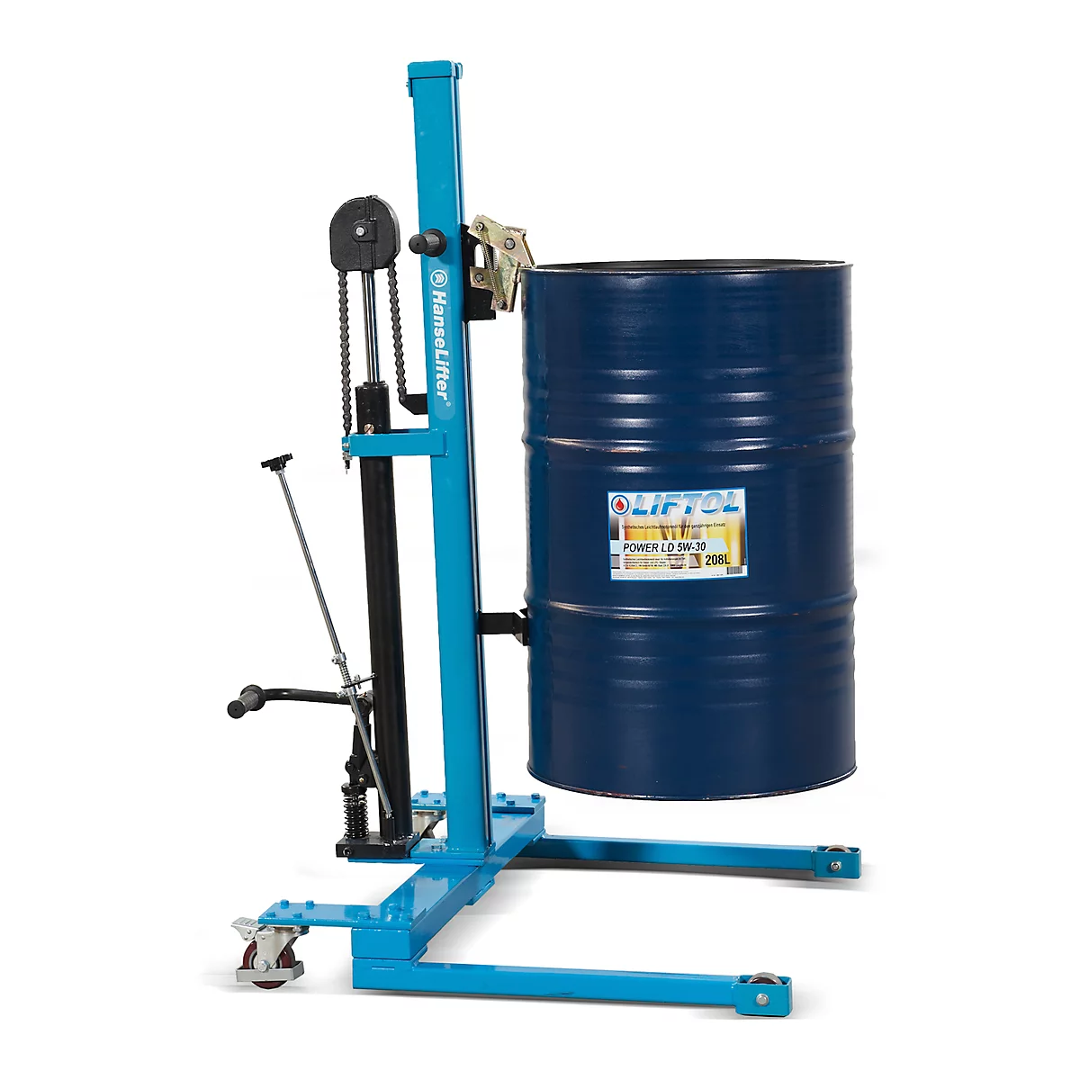 Blue barrel on a lifting platform. The barrel has a blue body and stands on a blue lifting platform with wheels.