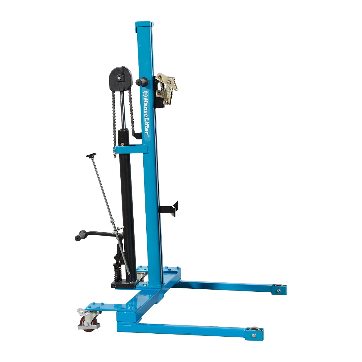 Blue chain lift with wheels and lever on a white background. Label: "HanseLifter".