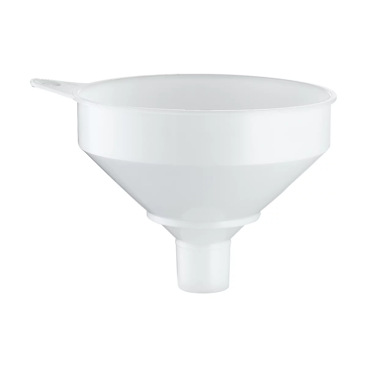 White funnel with handle, perspective view.