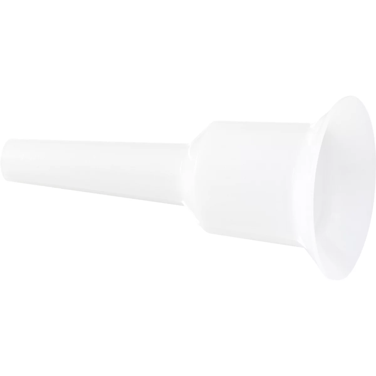 White plastic funnel with long, cylindrical neck and wide, conical mouth.