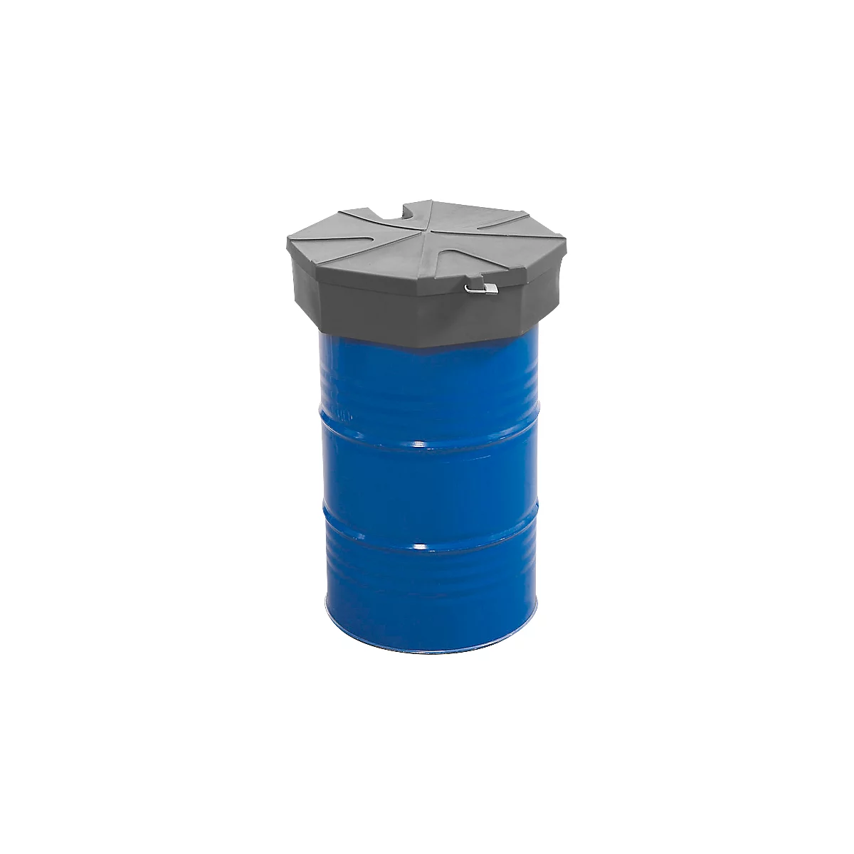 Blue metal drum with gray lid. The lid is octagonal and has a closure.