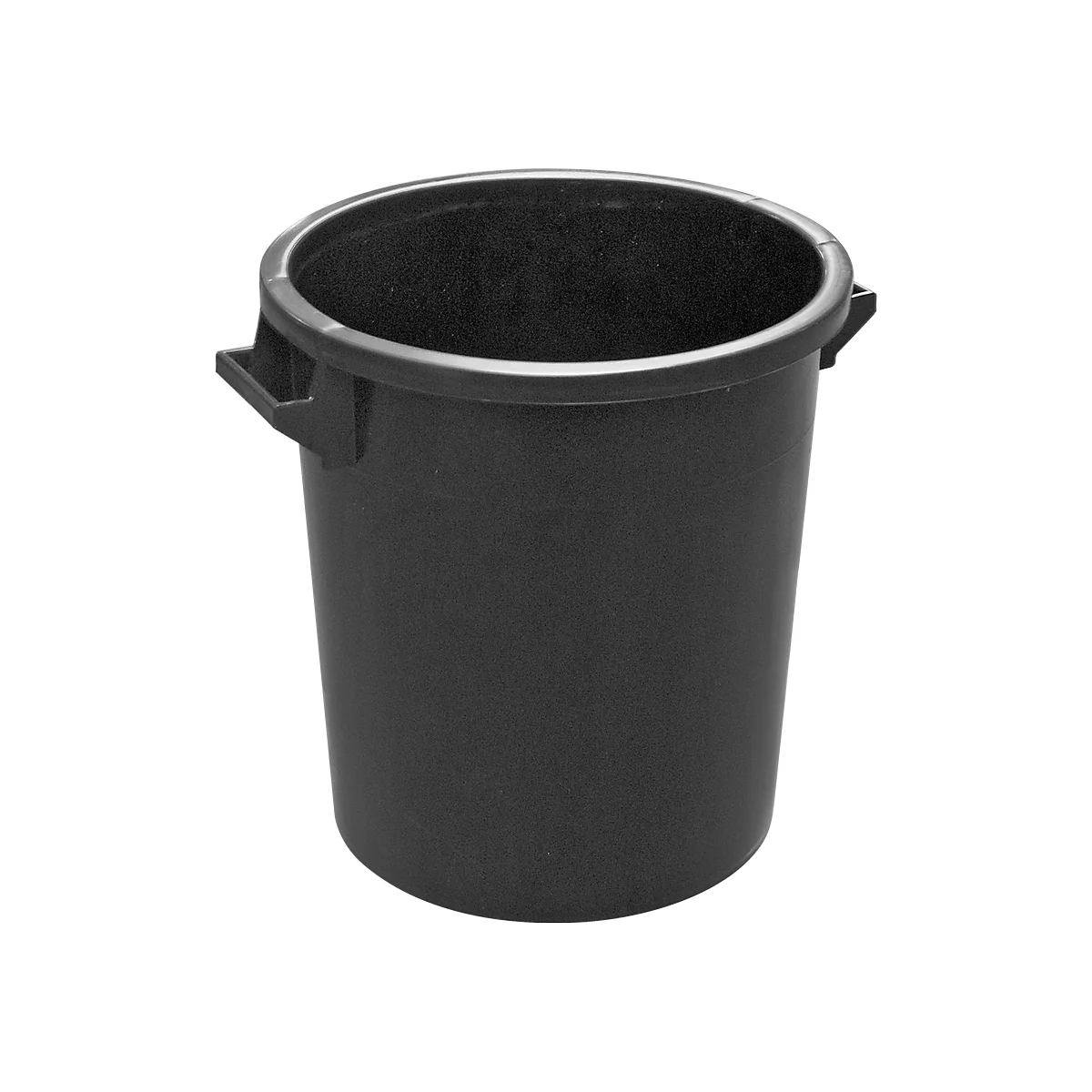 A black cylindrical bucket with handles on the sides.