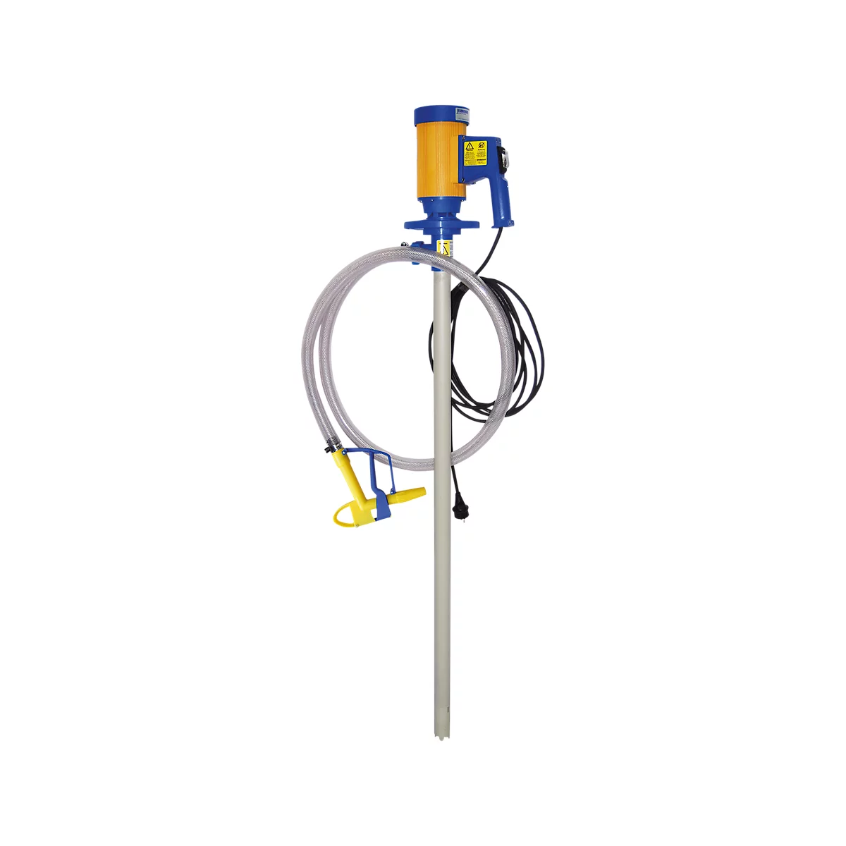 Yellow and blue barrel pump on stand, hose, cable, plug, against a white background.
