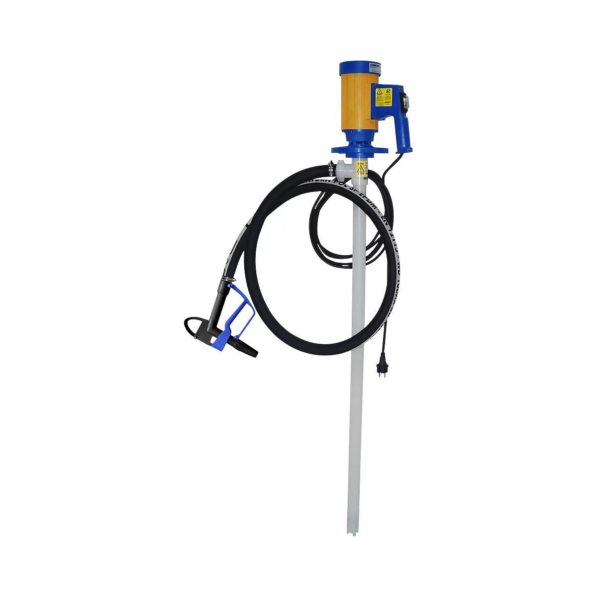 A yellow and blue barrel pump with a black hose and a blue handle. The device stands upright on a white base.
