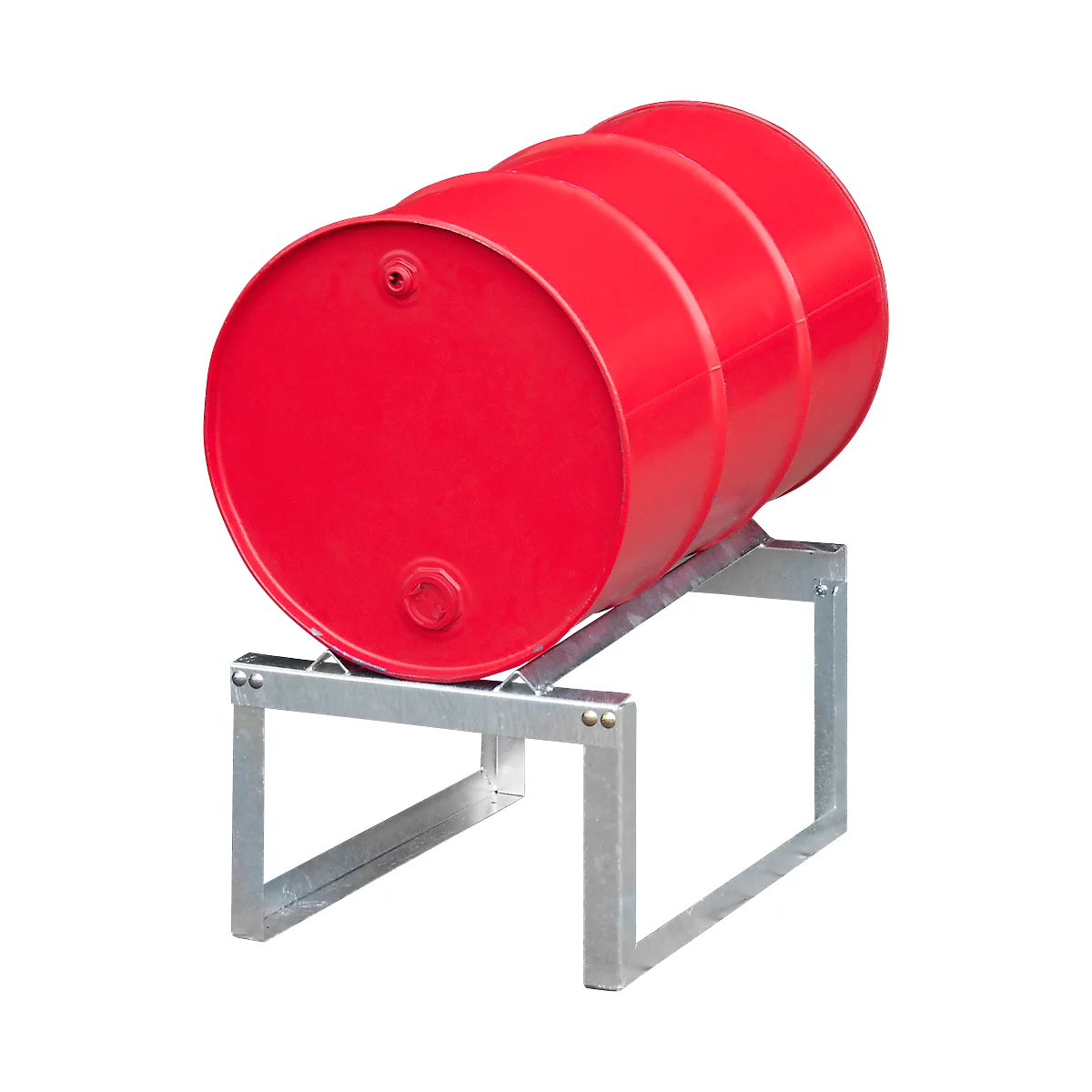 Red barrel on a silver holder. The metal barrel is horizontal, with a slight inclination, and is supported by a frame.