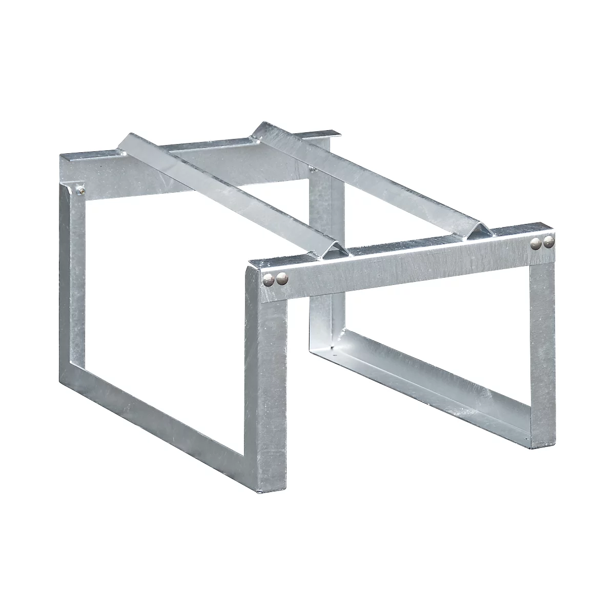 Metal frame with a rectangular shape and diagonal bracing for stabilization.