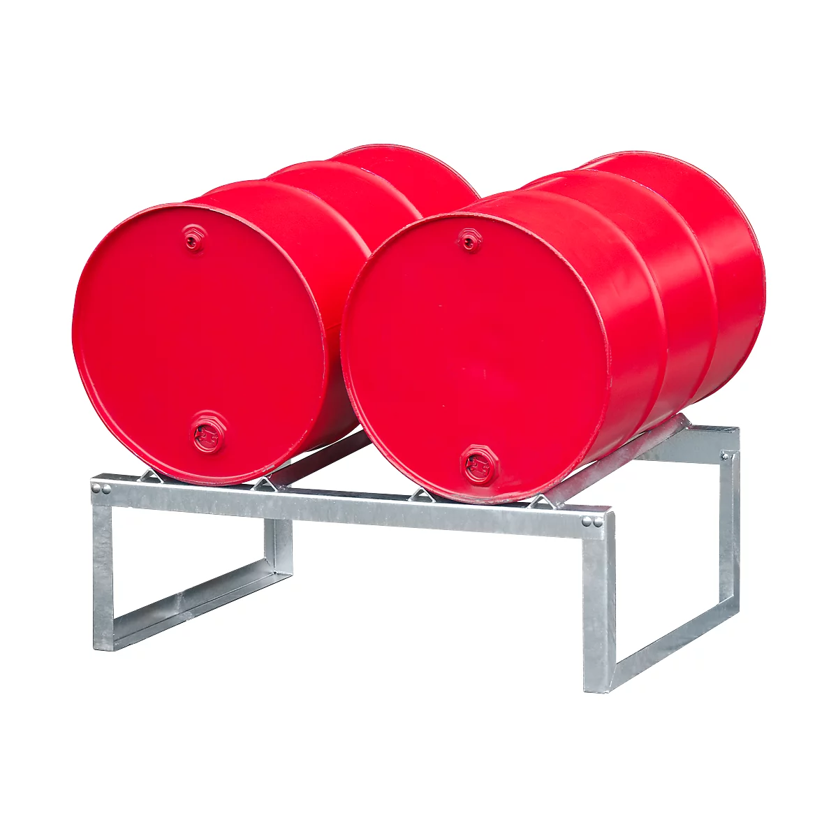Red barrels on metal frame. Four red barrels are on the frame.