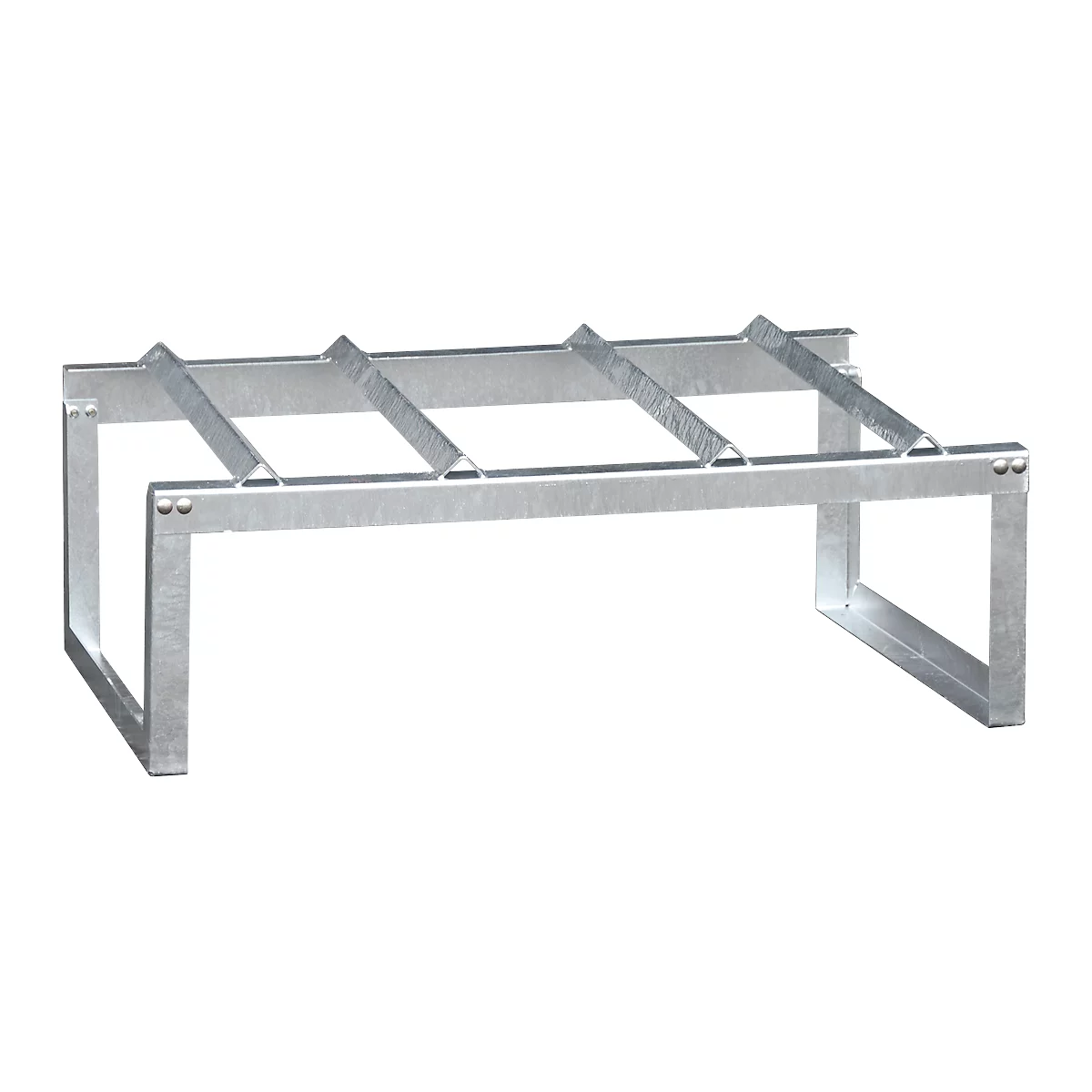 Silver metal shelf with a rectangular base, horizontal bars and vertical supports.