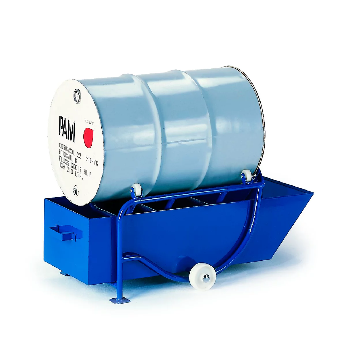 Blue barrel on a blue cart with wheels. The barrel says "PAM" and other text.