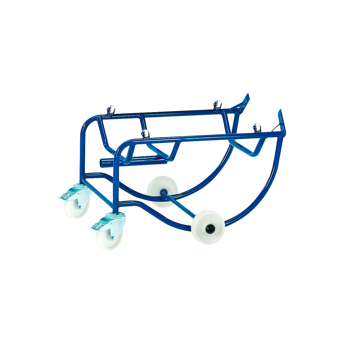Blue metal frame with wheels for transporting barrels. Two large rear wheels and two smaller swivel castors at the front.