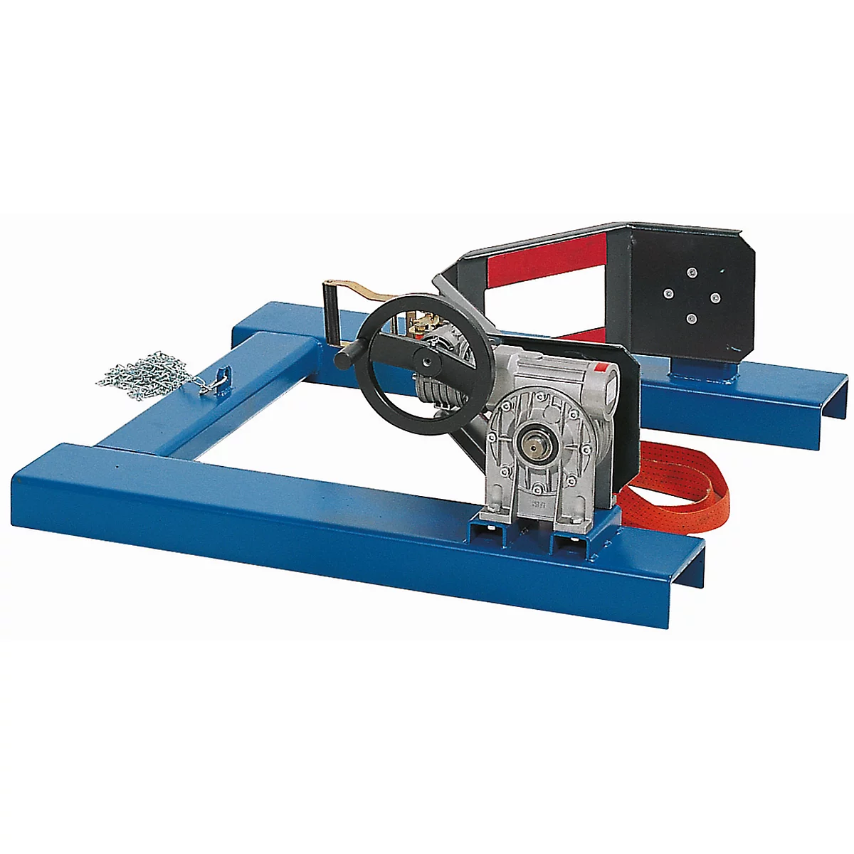 Blue metal frame with gears, crank, and black bracket.