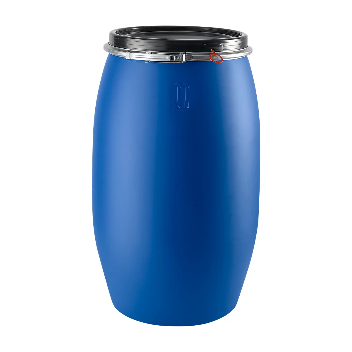 Blue plastic barrel with black lid and tension ring.