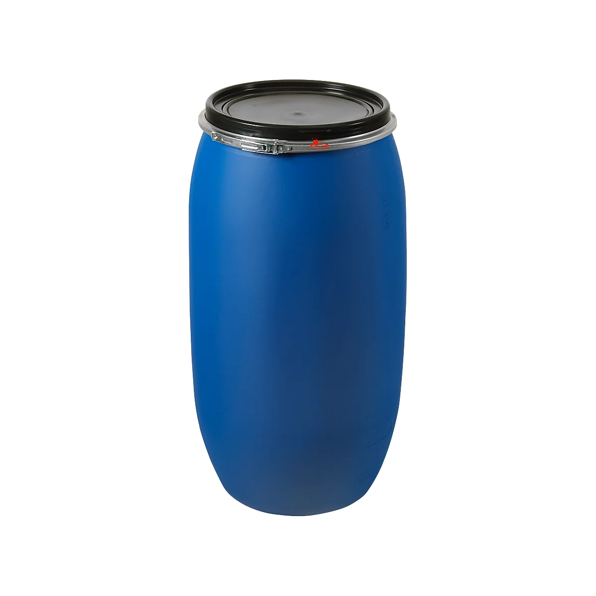 Blue plastic barrel with black lid, metal ring. Vertical format.