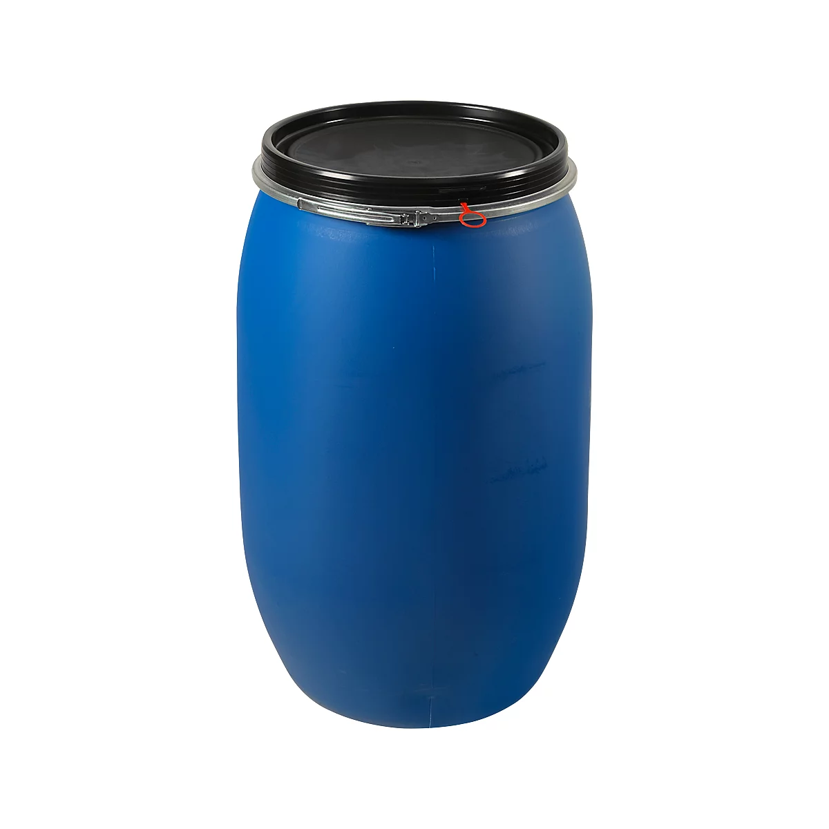 Blue plastic barrel with a black lid. The lid is secured by a locking ring.