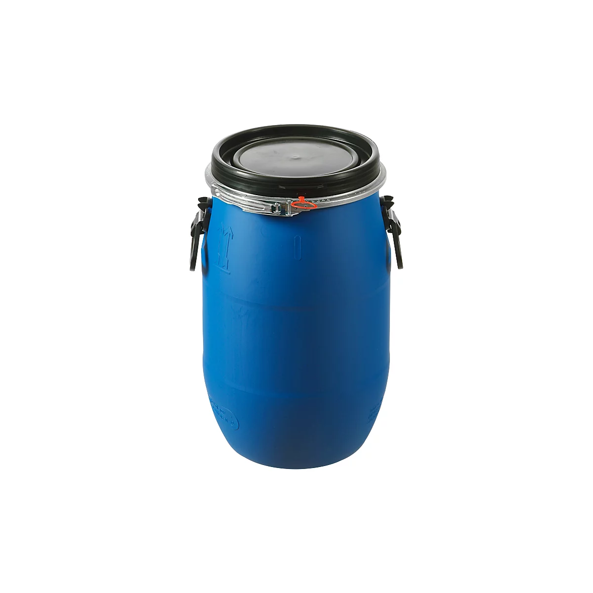 Blue plastic barrel with black lid and metal closures.