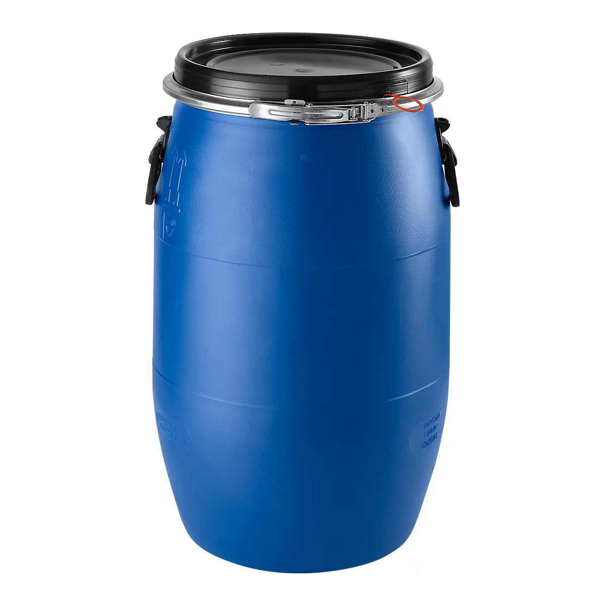 Blue plastic barrel with black lid and metal closure, details.