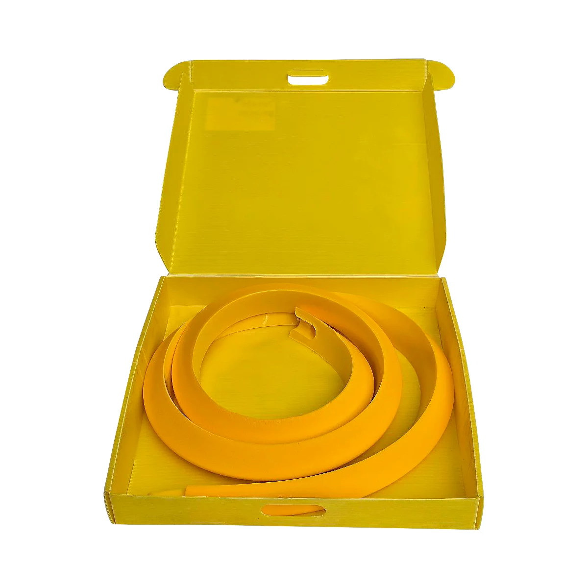 Yellow inflatable boat in a yellow box, arranged in a spiral. There's a handle hole on the box.