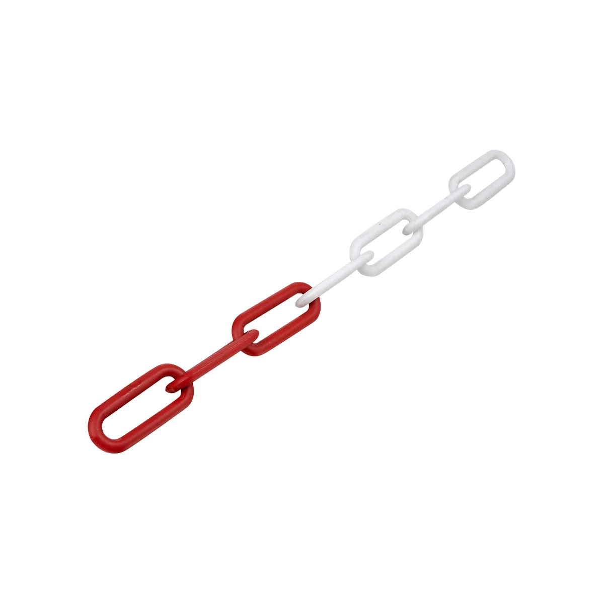 A chain with alternating red and white links lies diagonally against a white background.