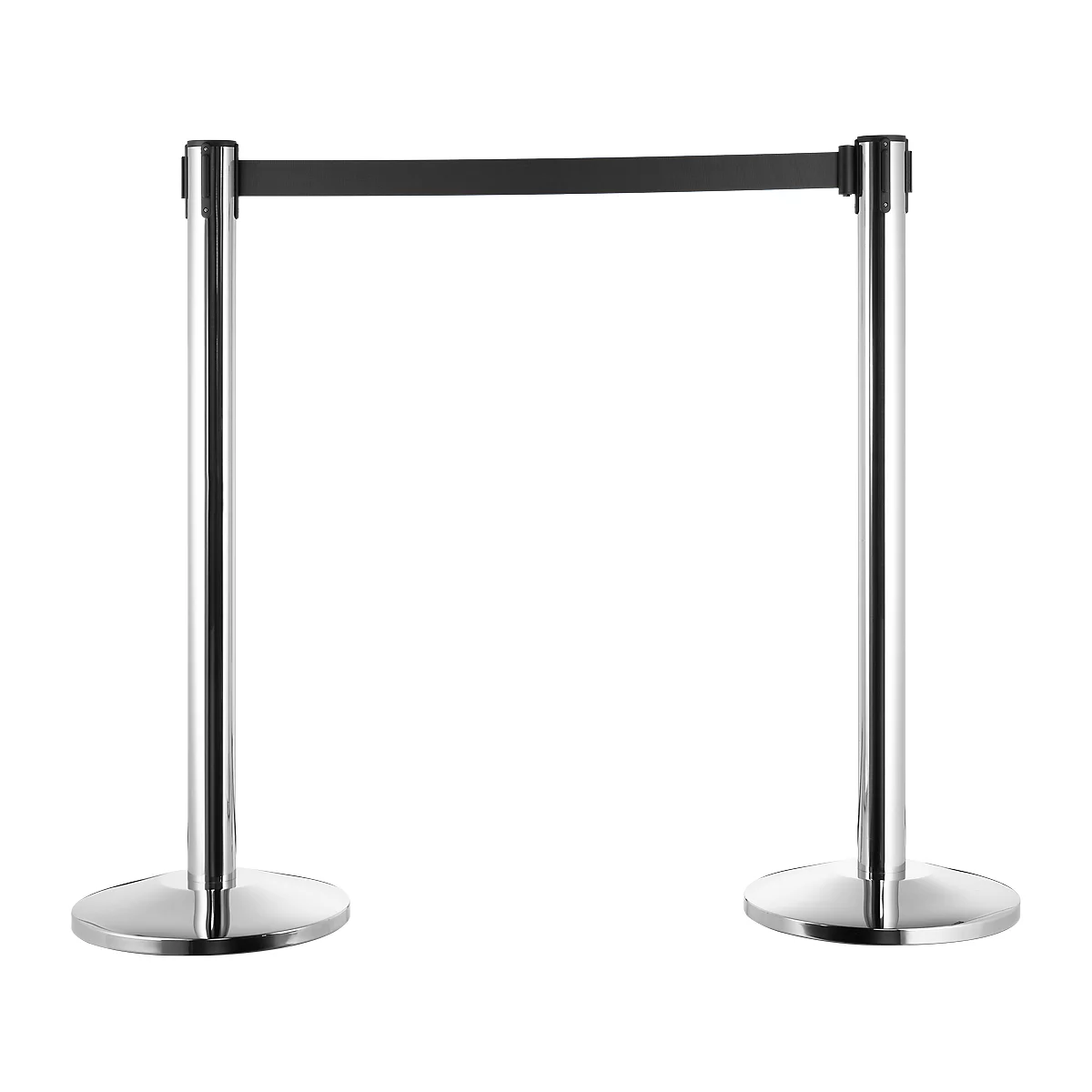 Two silver stanchions with a black strap.