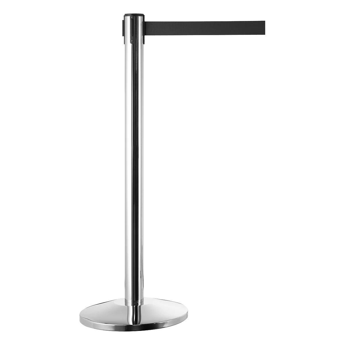 A silver stanchion with a black belt, against a white background.