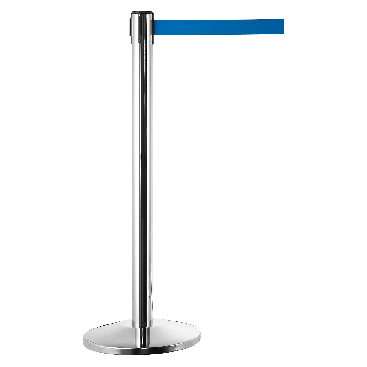 Chrome post with blue webbing, to form a barrier. The post stands on a round base.