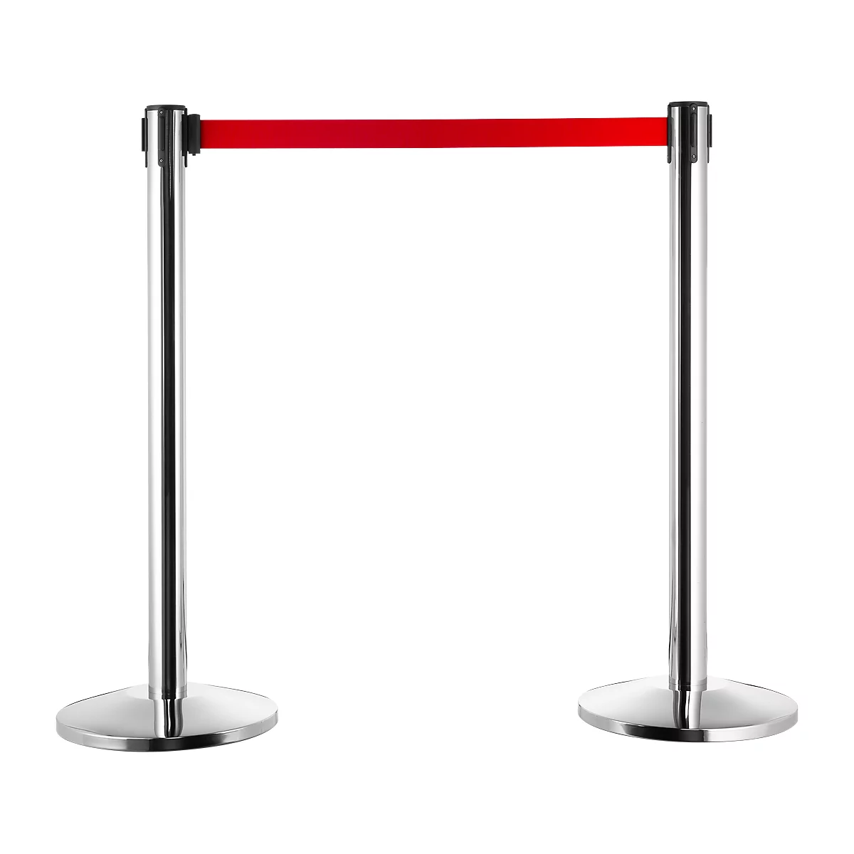 Two silver stanchions with a red barrier tape against a white background.