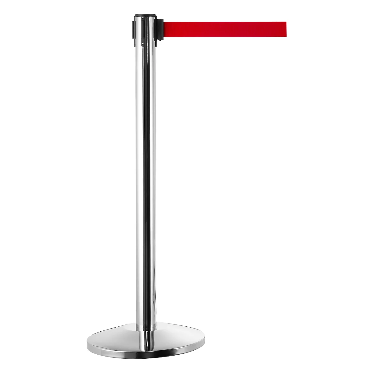 Metal barrier with red band, detail shot. Shiny pillar with round foot, band is held.