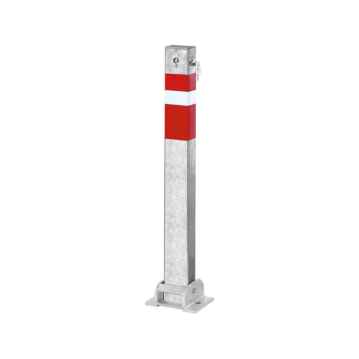 Grey, rectangular bollard with red and white stripe. Screwed to metal plate at top and bottom.