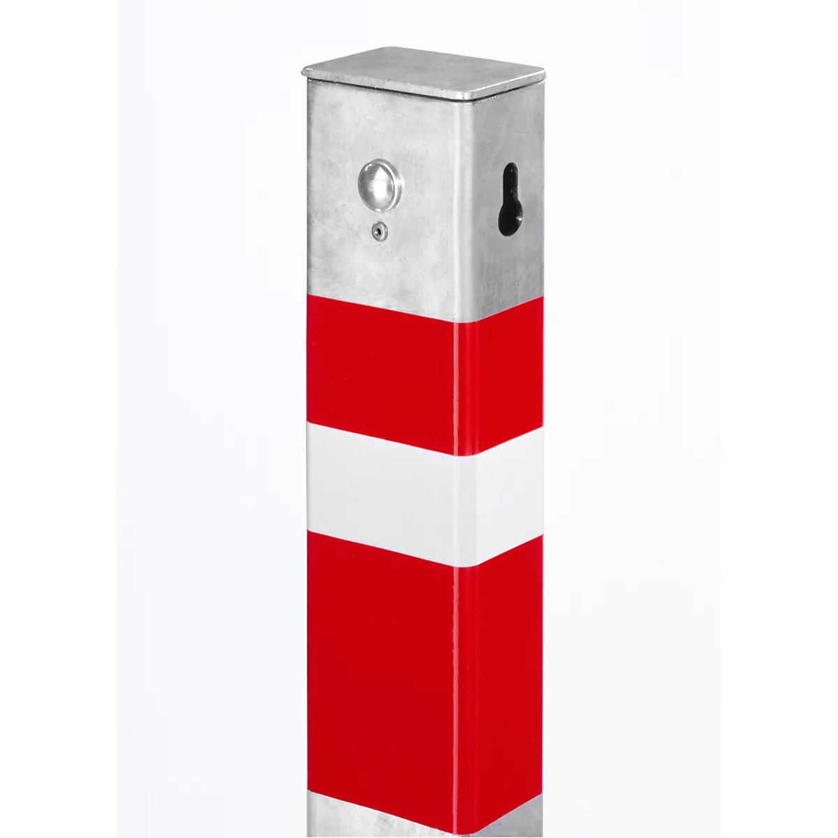 A red and white striped post. At the top is a metal plate with a hole. On the side is an eyelet.