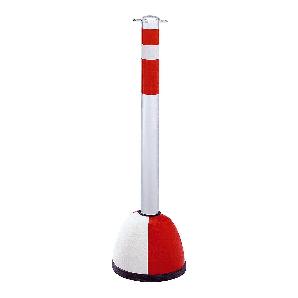 A red and white bollard with a round base. The post has a silver pole and a transparent cap.