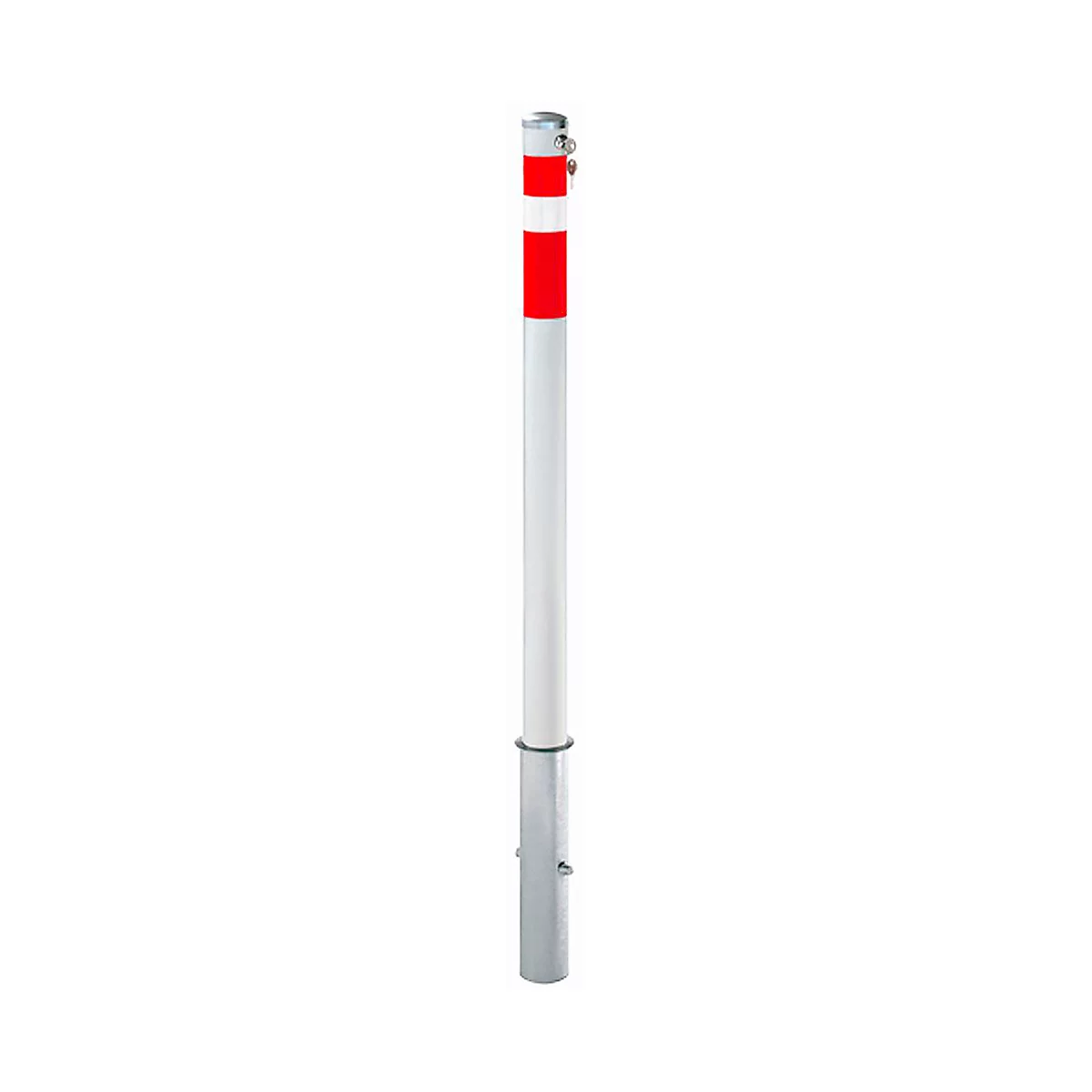 Gray bollard with a red stripe. Metallic top and bottom, white in between.