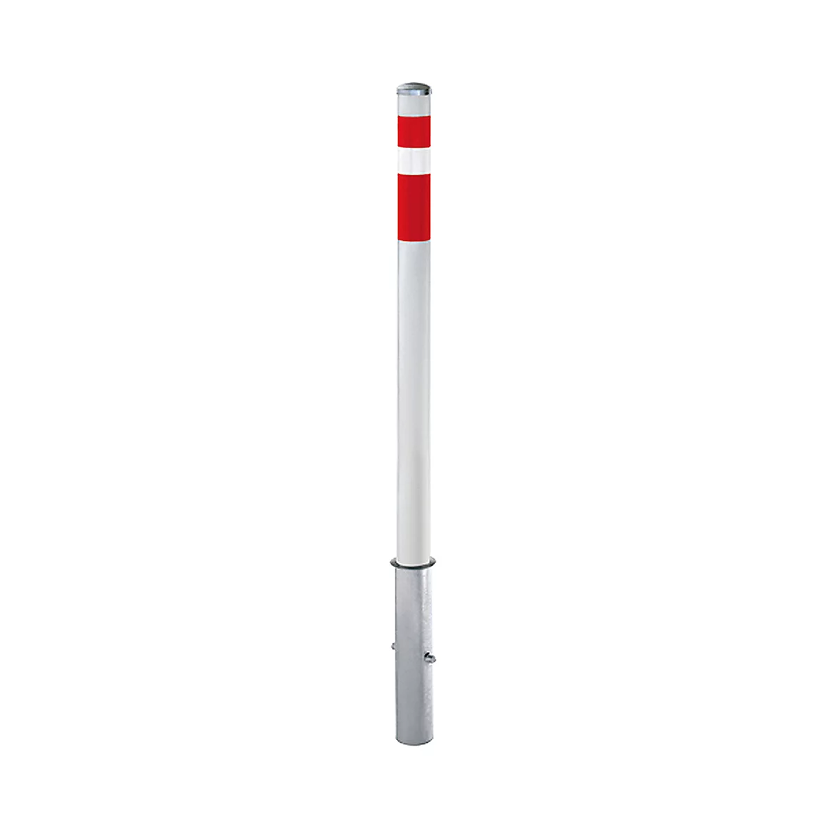 Post, cylindrical, gray-white with a red band at the top. Metal base.