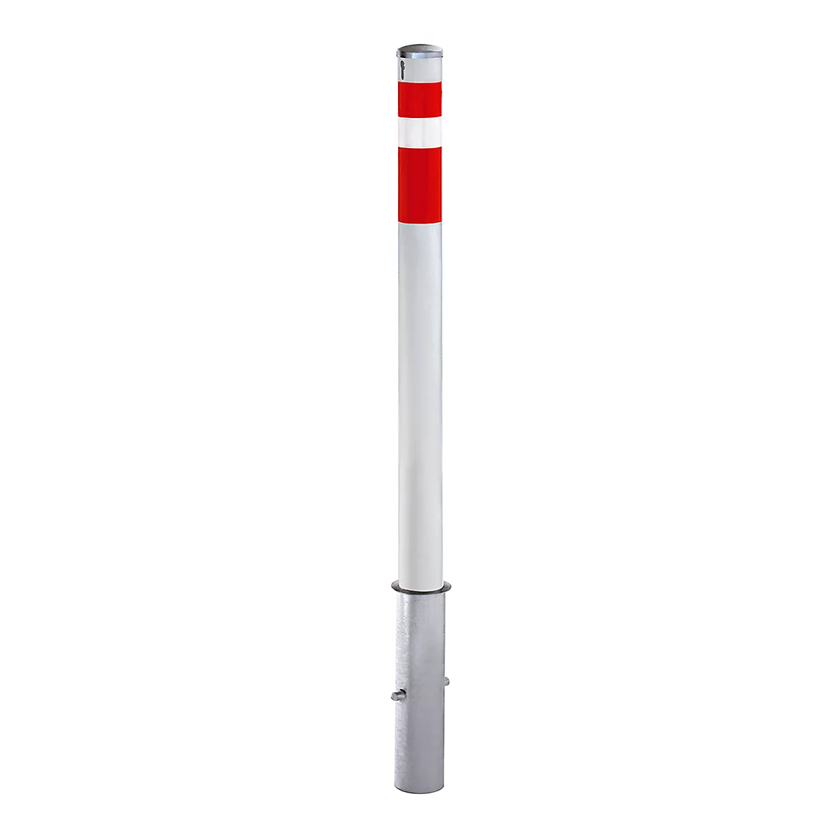 White bollard with two red bands and silver base.