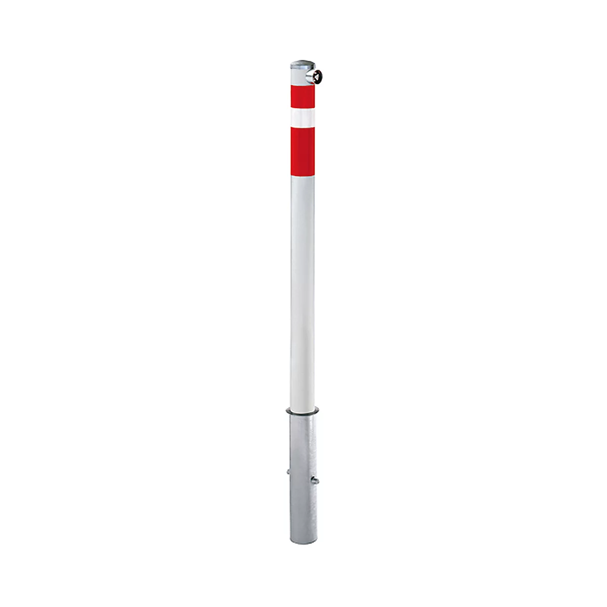 A red and white bollard against a white background.